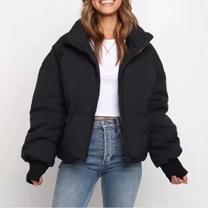 Black Puffer Coat Warm Quilted Zip Up Jacket NEW